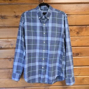 J. Crew Men's Large Scale Tartan Plaid Button Down Blue Green 100% Cotton Size M